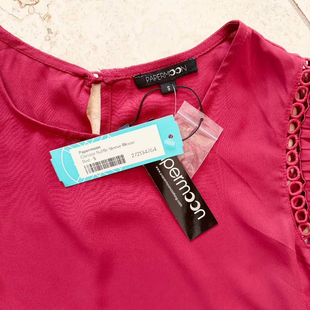 PAPERMOON X STITCH FIX | Christie Ruffle Sleeve Blouse in Red, Size Small - Picture 4 of 5